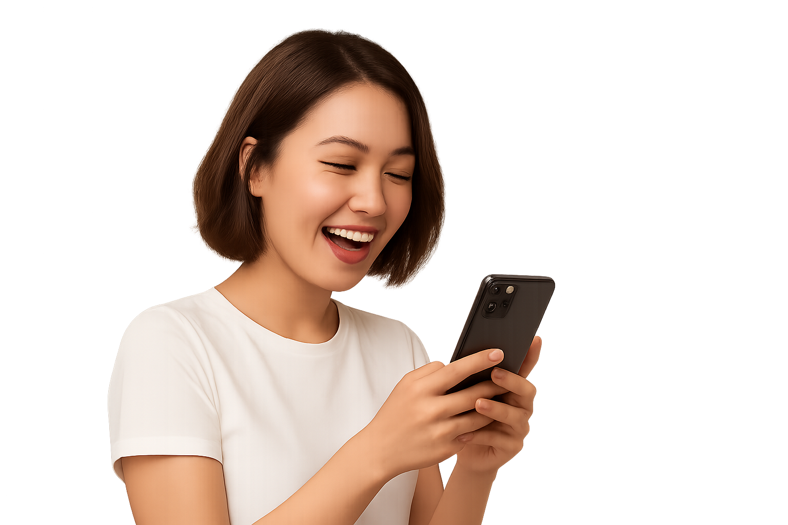 Happy traveler looking at a phone